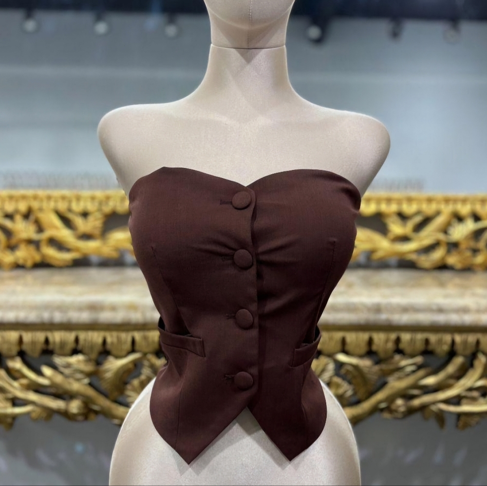 Women's Brown Buttoned Vest Women Top